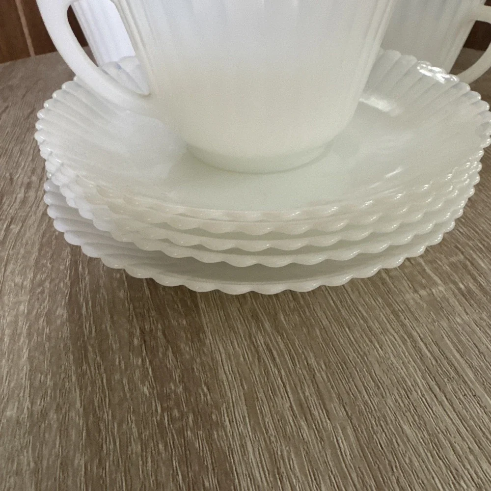 4 MacBeth Evans Opalescent White Monax Petalware Cups & Saucers